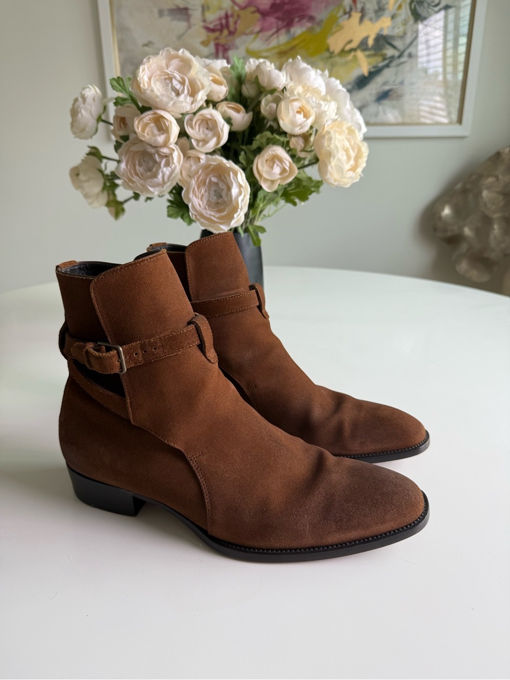 Saint Laurent Brown Suede Harness Ankle Boots